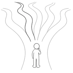 Illustration of a person facing several branching paths, representing the search for your next step in disciple making