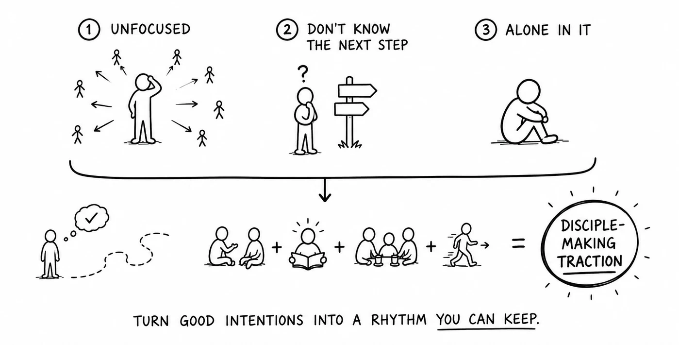 Good intentions become disciple-making when focus meets a simple rhythm of conversations, Scripture, gathering, and going.