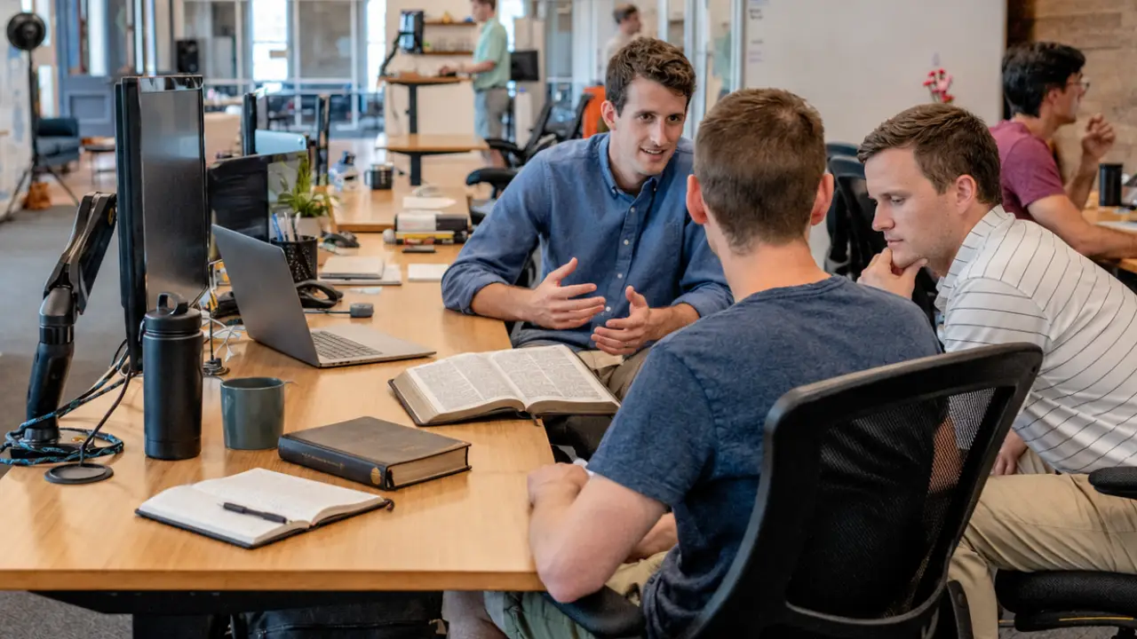 Coworkers talking over an open Bible at their desks in an open-plan office