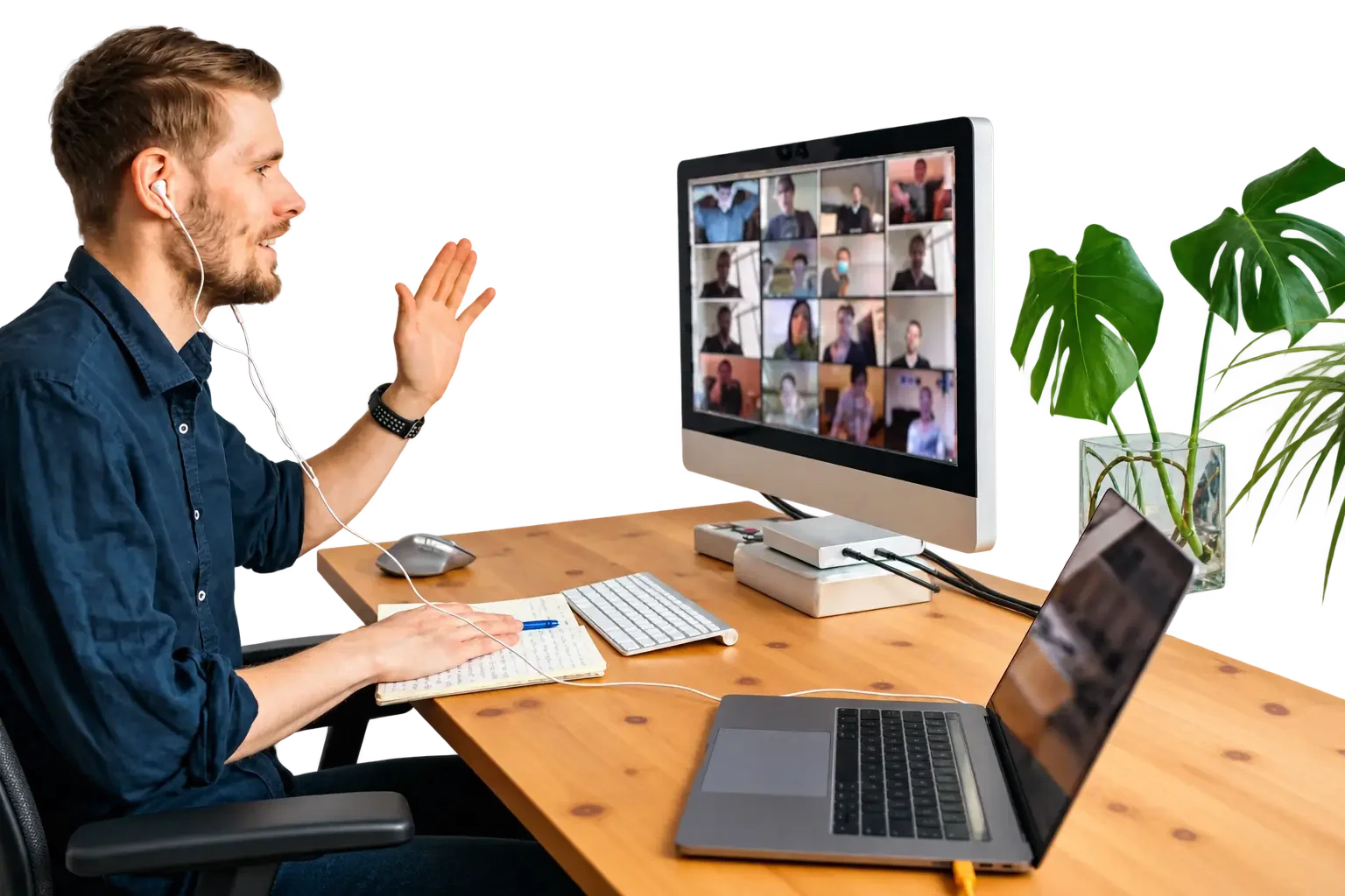 A leader waving to a live Covo lab on a video call